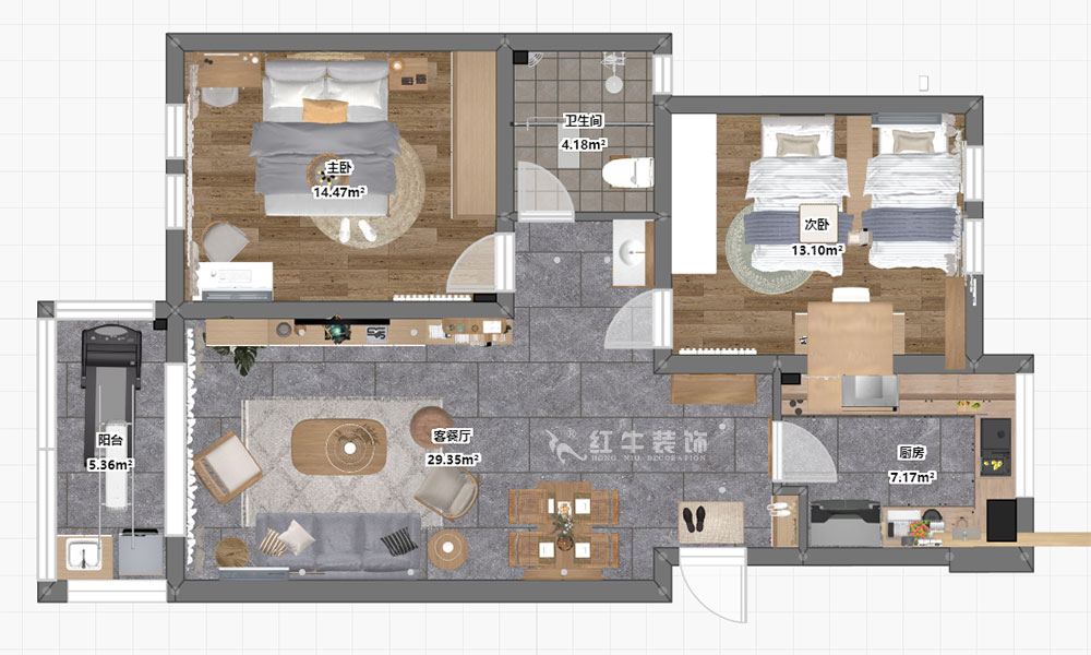 张桐玮｜仙龙湾山庄22-404-89㎡-日式原木简约风格｜2室1厅1卫｜旧房改造｜半包￥67100｜半包7万｜00_03彩平图